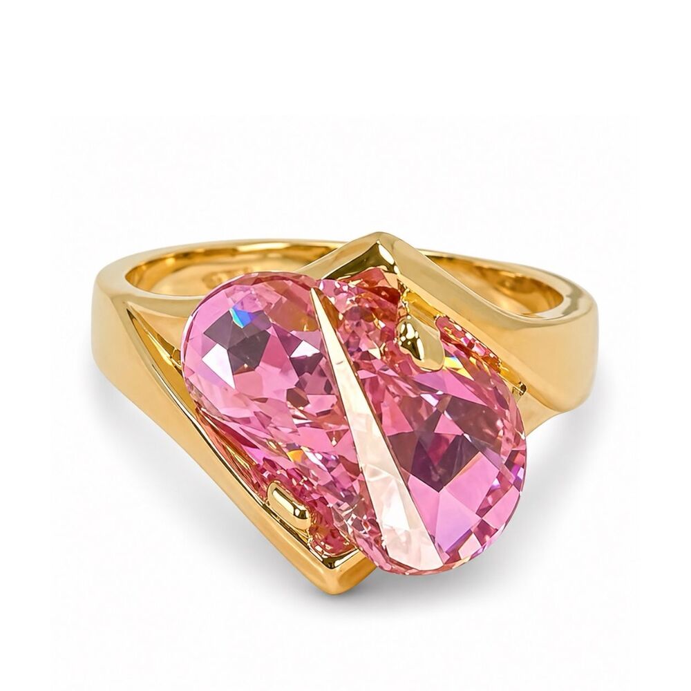 Vintage 1970s Ring Size 9 Lens Cut Pink CZ Modernist 14K Gold Plate - 14J